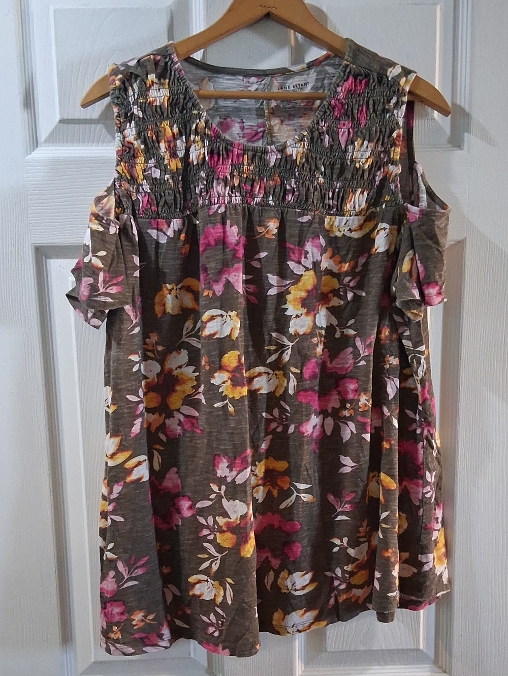 Lane Bryant Taupe Cold-Shoulder Floral Tunic with Pink & Yellow Blooms